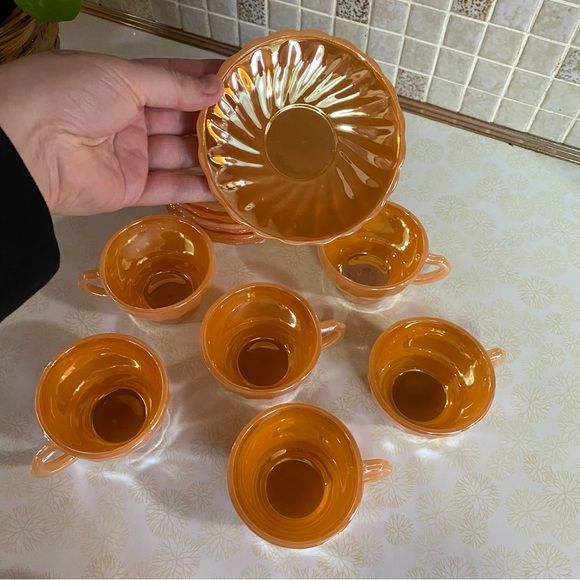 Vintage Fire King Peach Lustre set of 7 mini tea cups & saucers 14 pieces - Picture 7 of 11